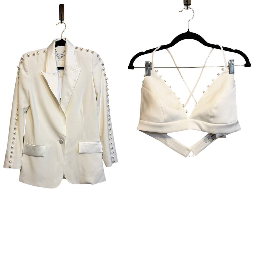 Nadine Merabi Charlotte White Pearl Blazer Bralette 2-Piece Set 4 S Party NWT